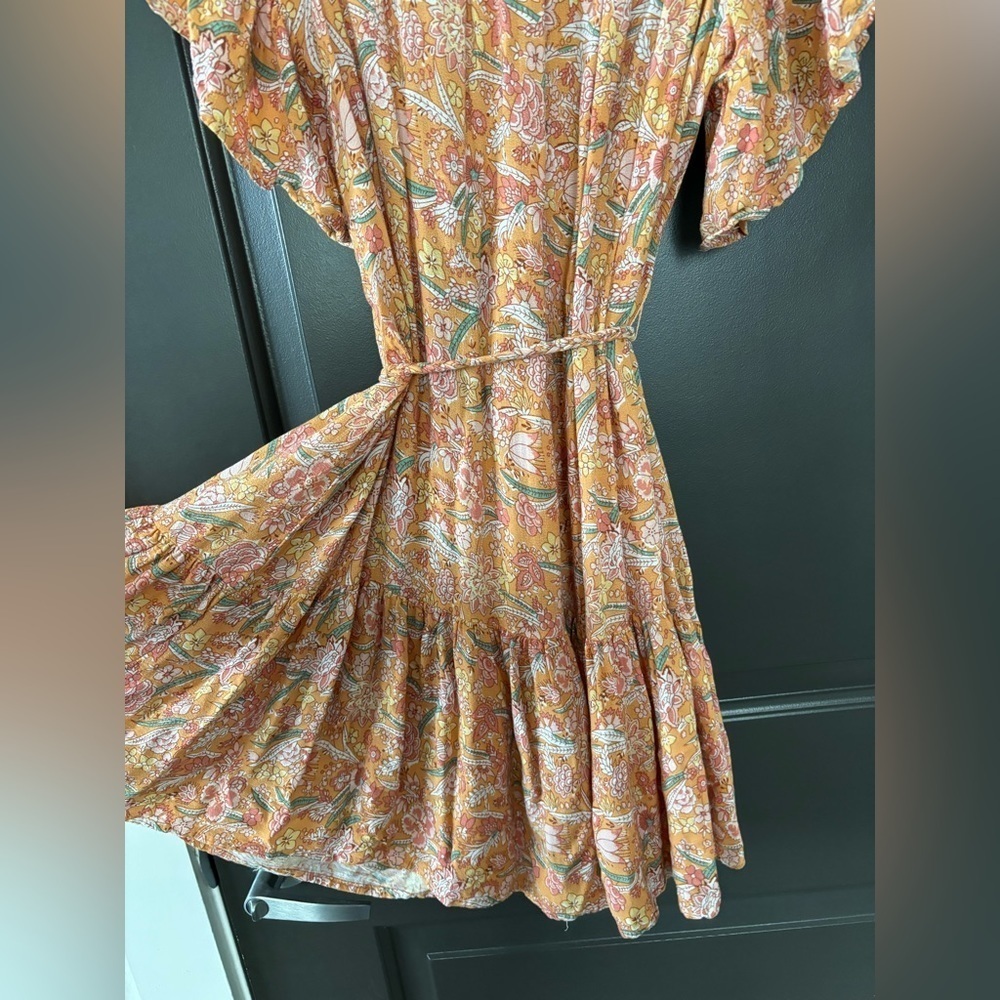 Rachel Zoe Ruffled Bright Orange Floral Drawstring Mini Spring Summer Sun Dress - Picture 4 of 6